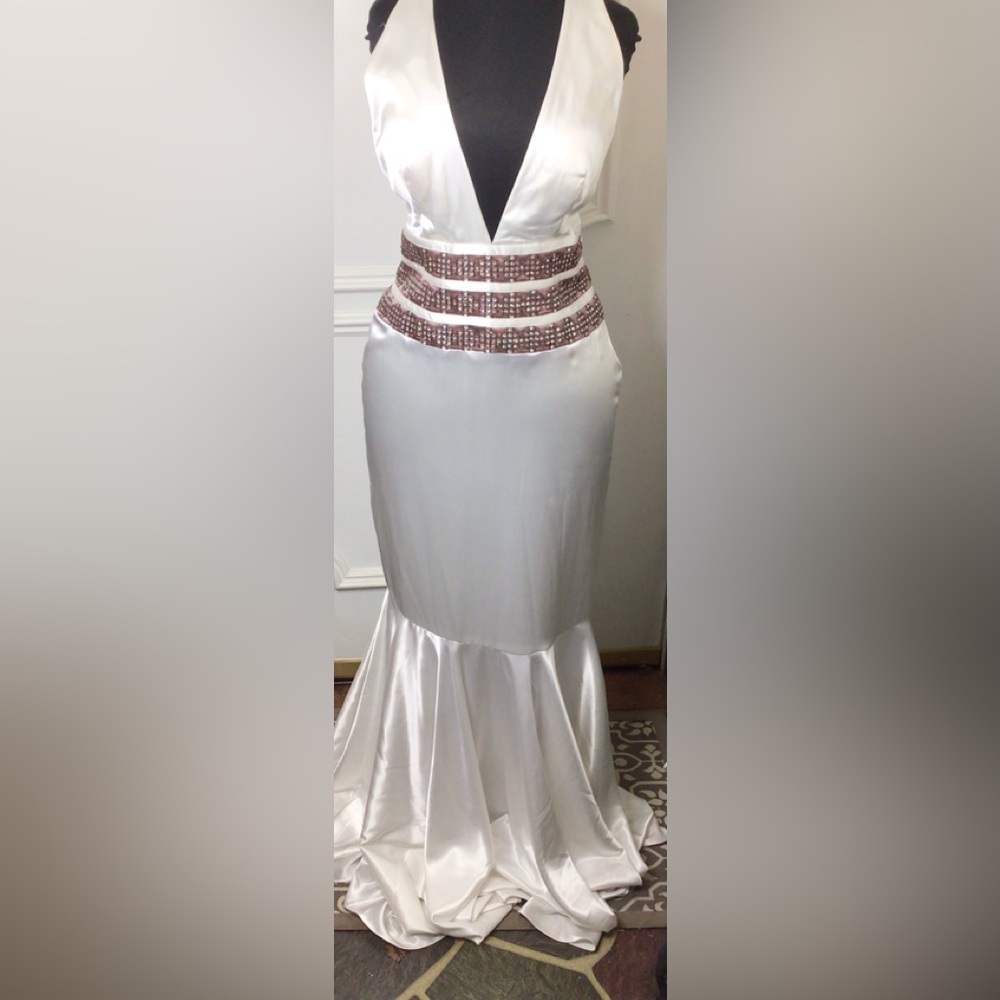 Elegant White Satin Prom Gown Size 8 NEW